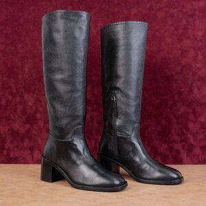 Stuart Weitzman Women Finn Black Grain Leather Zip Fashion Knee Boots sz 8